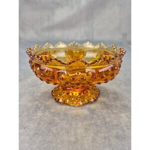 Fenton Amber Glass Vintage Hobnail Candle Bowl Centerpiece Sawtooth Rim 6.5"